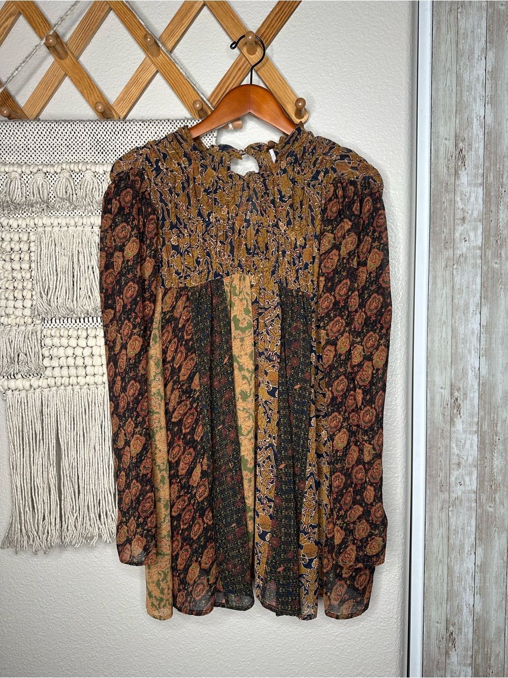 Boho Patchwork Peasant Blouse in Mustard & Black